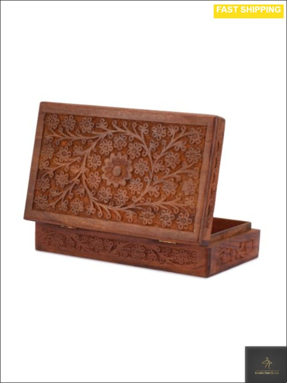 Handcarved Wooden Jewelry Box Floral Keepsake Treasure Chest Organizer